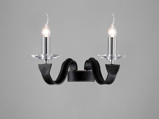 Diyas IL31032 Nardini Wall Lamp 2 Light Polished Chrome/Black Faux Leather/Crystal