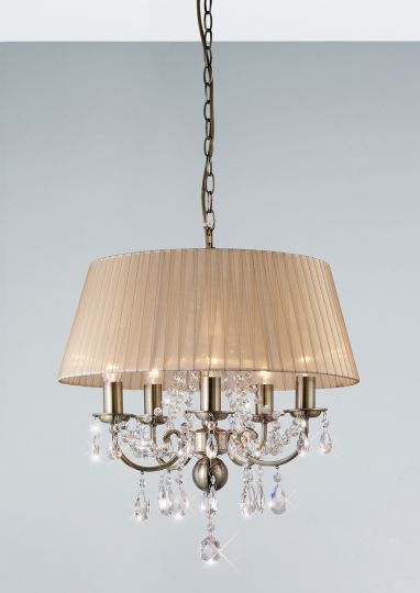 Diyas IL30047 Olivia Pendant With Soft Bronze Shade 5 Light Antique Brass/Crystal