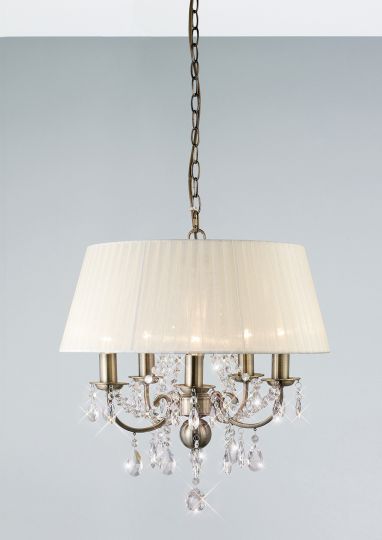 Diyas IL30048 Olivia Pendant With Ivory Cream Shade 5 Light Antique Brass/Crystal