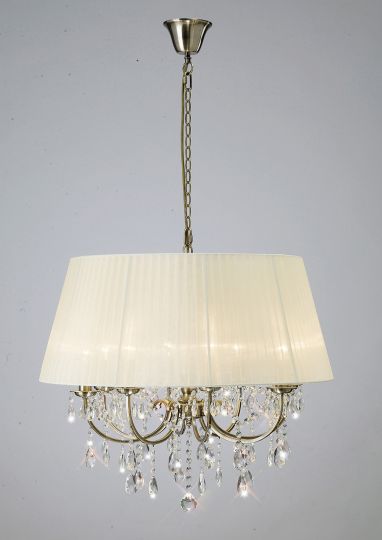 Diyas IL30057 Olivia Pendant With Cream Shade 8 Light Antique Brass/Crystal