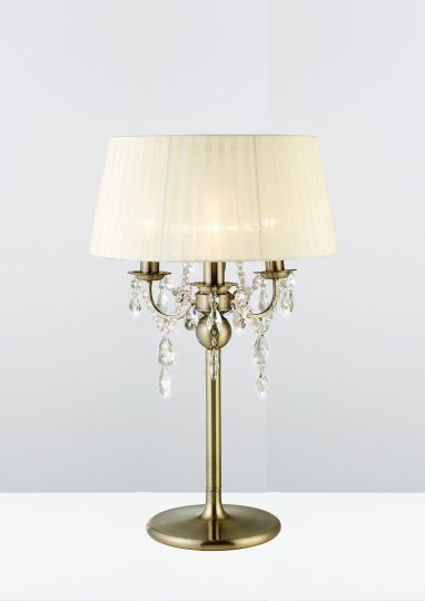 Diyas IL30065 Olivia Table Lamp With Cream Shade 3 Light Antique Brass/Crystal