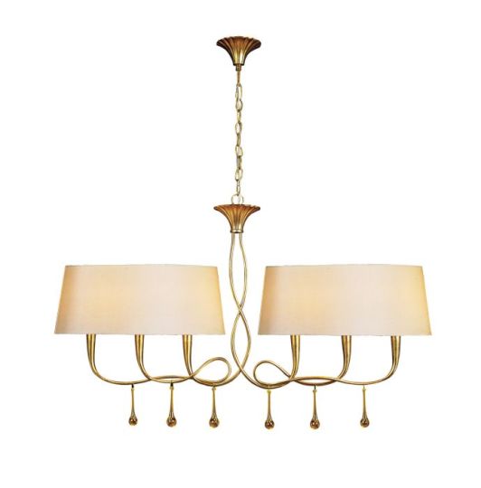 Mantra Paola Linear Pendant 2 Arm 6 Light E14 Gold Painted With Cream Shades & Amber Glass Droplets