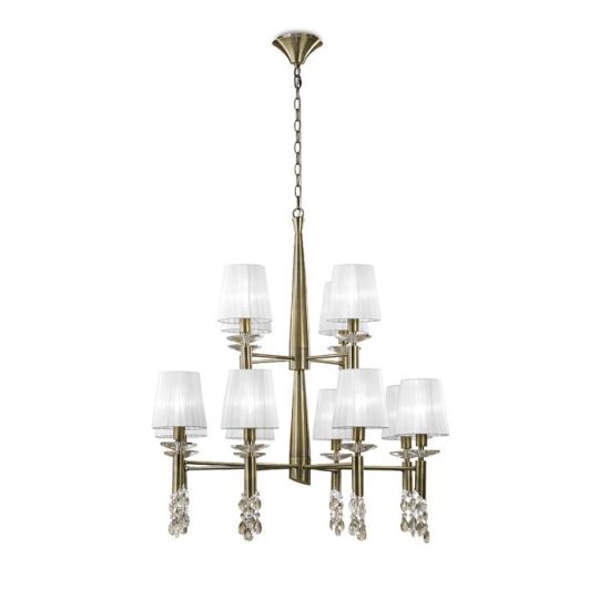 Mantra Tiffany Pendant 2 Tier 12+12 Light E14+G9 Antique Brass With White Shades & Clear Crystal