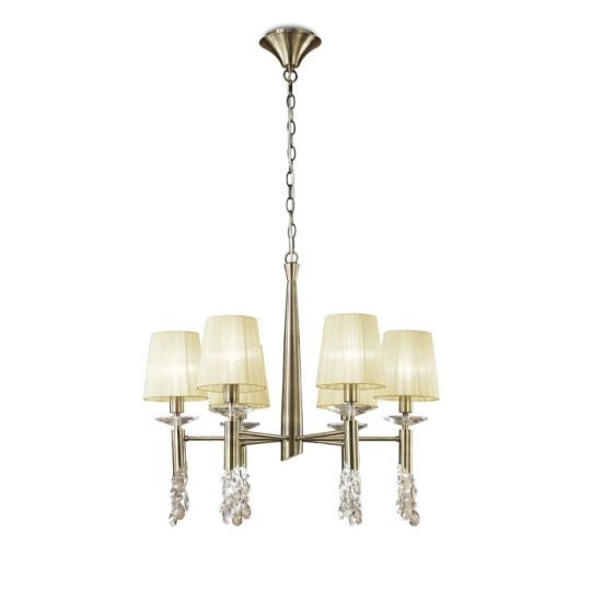Mantra Tiffany Pendant 6+6 Light E14+G9 Antique Brass With Cream Shades & Clear Crystal