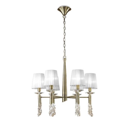 Mantra Tiffany Pendant 6+6 Light E14+G9 Antique Brass With White Shades & Clear Crystal