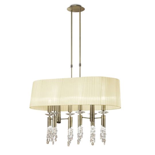 Mantra Tiffany Pendant 6+6 Light E27+G9 Oval Antique Brass With Cream Shade & Clear Crystal