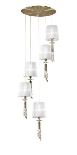 Mantra Tiffany Pendant 5+5 Light E27+G9 Spiral Antique Brass With White Shades & Clear Crystal