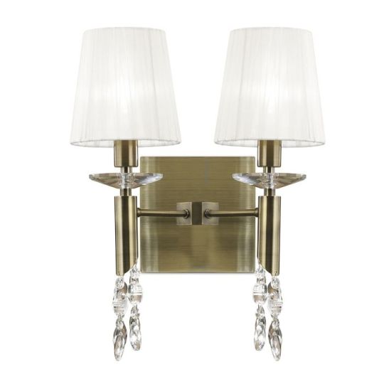 Mantra Tiffany Wall Lamp Switched 2+2 Light E14+G9 Antique Brass With White Shades & Clear Crystal