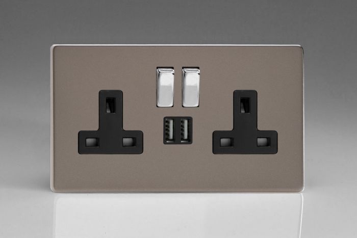Varilight Pewter 2 Gang 13A Single Pole Switched Socket 2x5V DC 2100mA USB Charging Ports