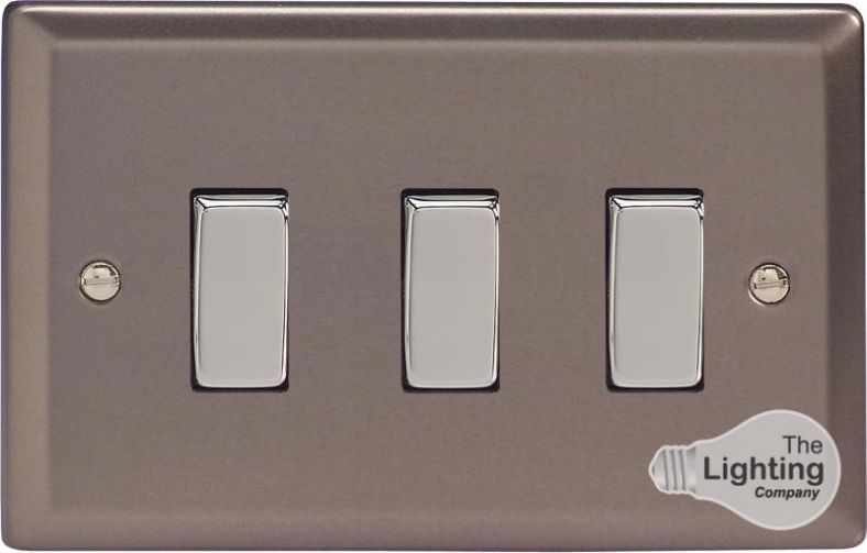Varilight 3-Gang 10A 1 Pewter XDR93S Twin Plate or 2-Way Rocker Light Switch 